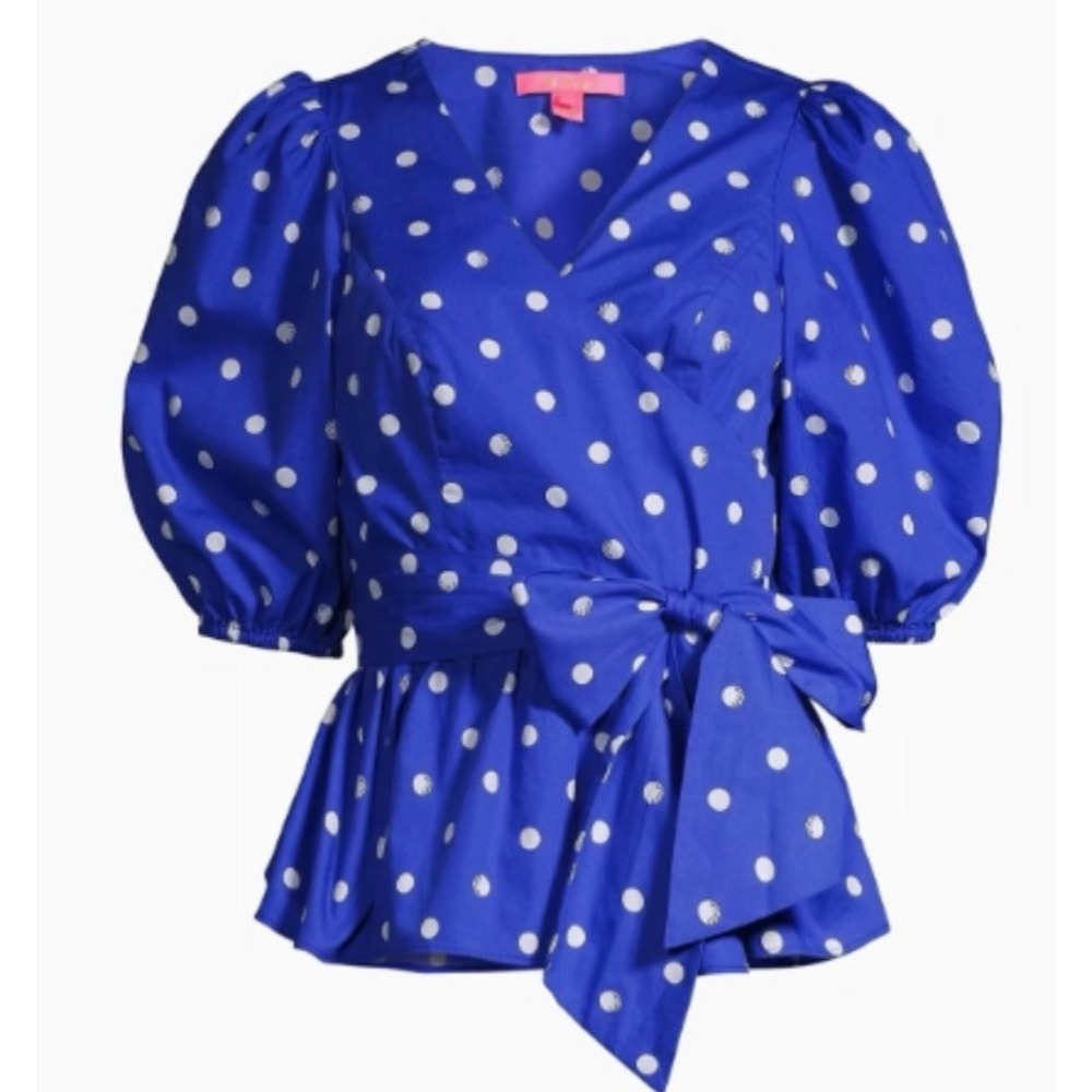 Lilly Pulitzer Kara Wrap Top Womens 4 Blue Grotto Hotter Spot Peplum Puff Sleeve